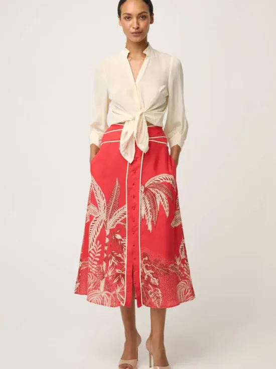 Once Was Harper Criss Cross Waist Panel Skirt in Crimson Palms