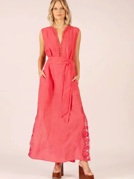 Lola Australia Stella Linen And Lace Maxi Dress in Watermelon