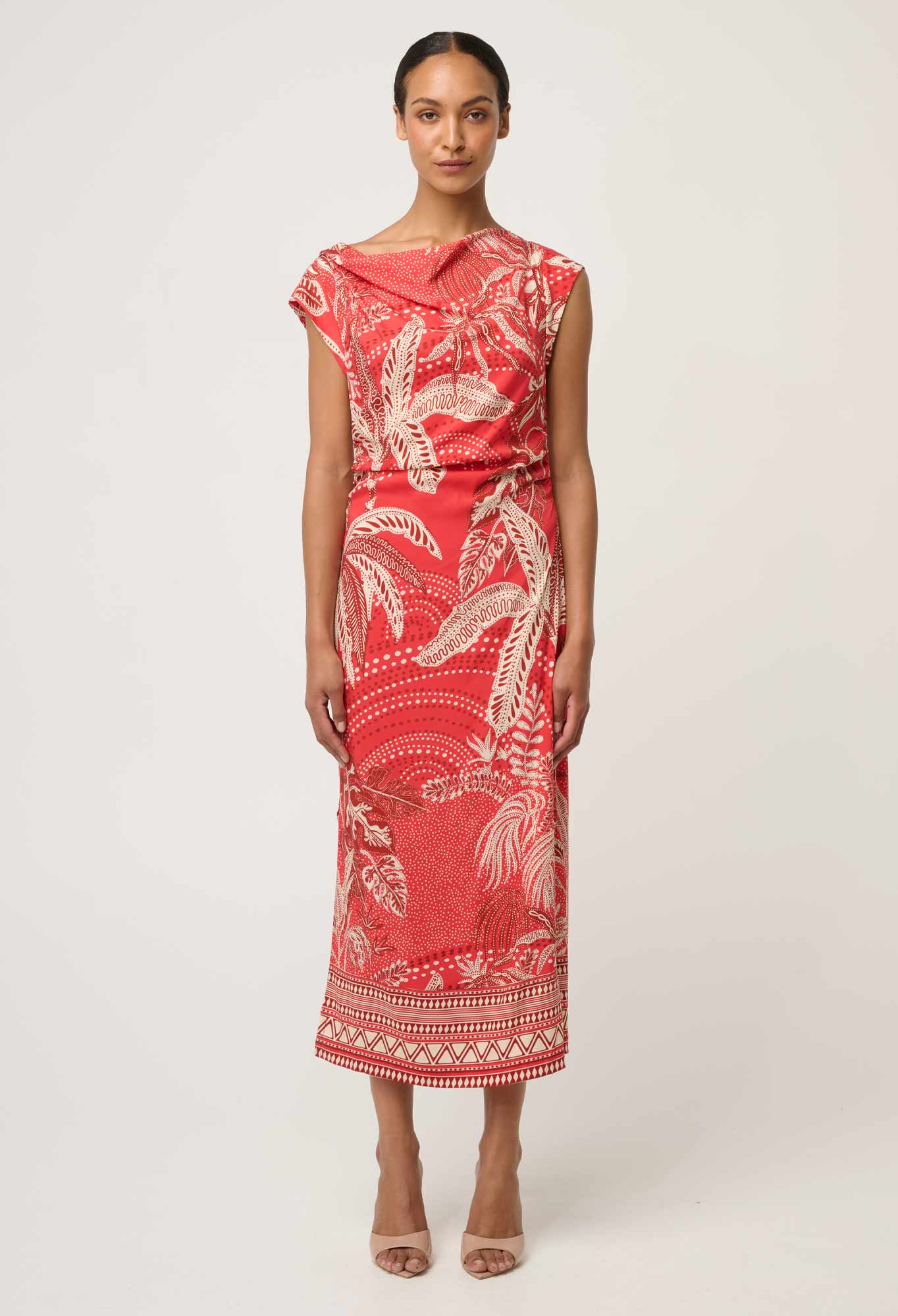 Once Was Monique Draped Neck Cupro Viscose Stretch Column Dress in Crimson Palms - Image 5