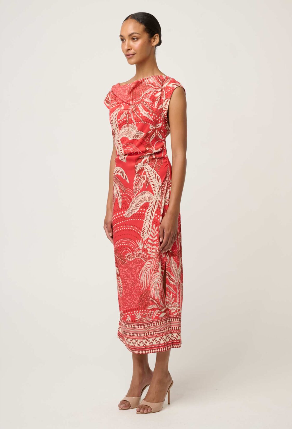 Once Was Monique Draped Neck Cupro Viscose Stretch Column Dress in Crimson Palms - Image 3