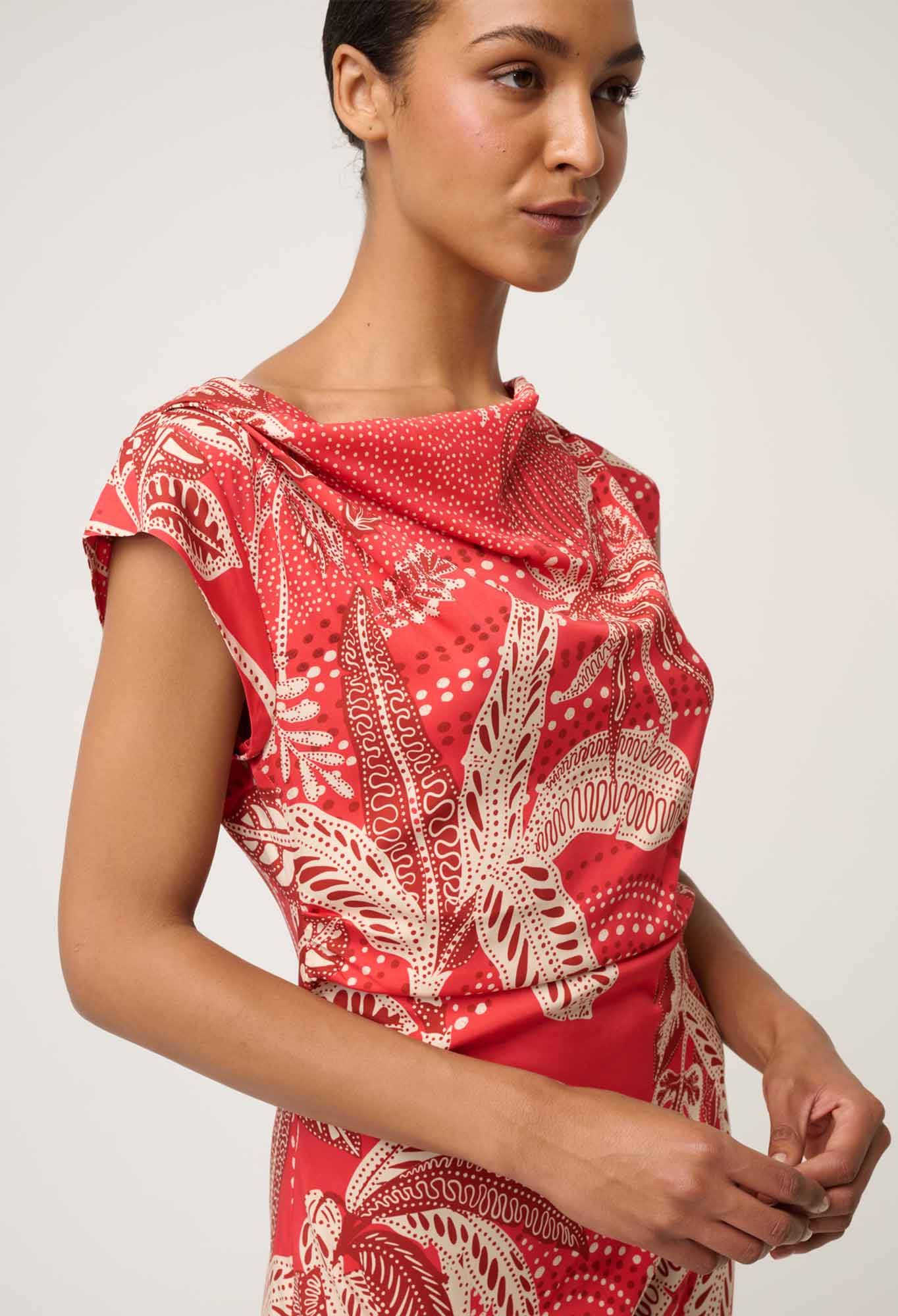 Once Was Monique Draped Neck Cupro Viscose Stretch Column Dress in Crimson Palms - Image 2