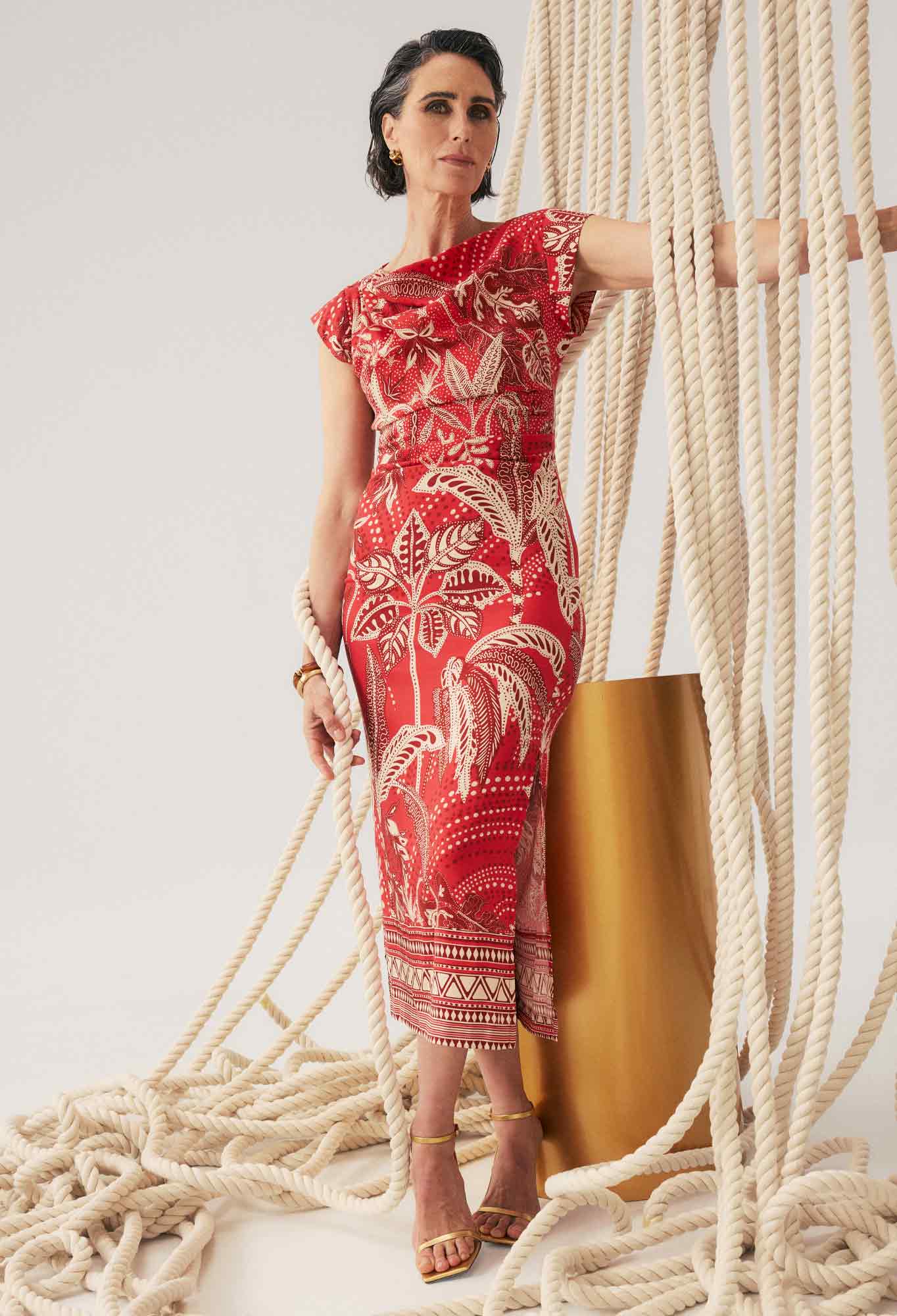 Once Was Monique Draped Neck Cupro Viscose Stretch Column Dress in Crimson Palms - Image 9