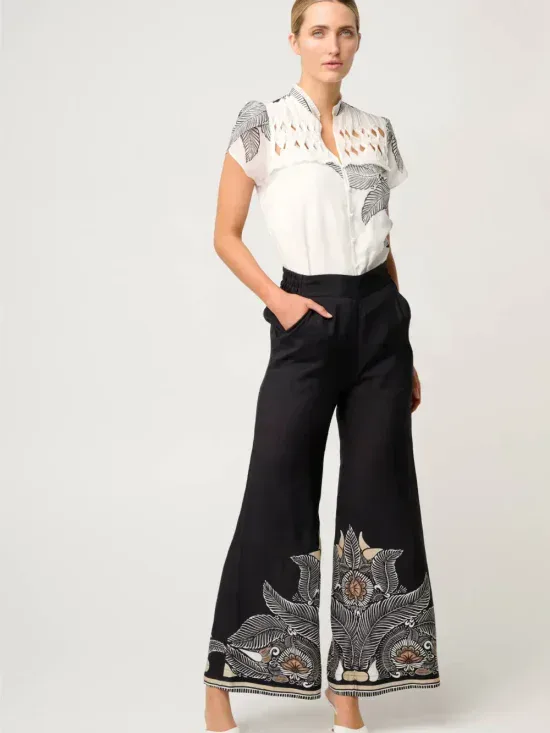 Once Was Willow Viscose Faille Contrast Panel Pant in Onyx Casablanca