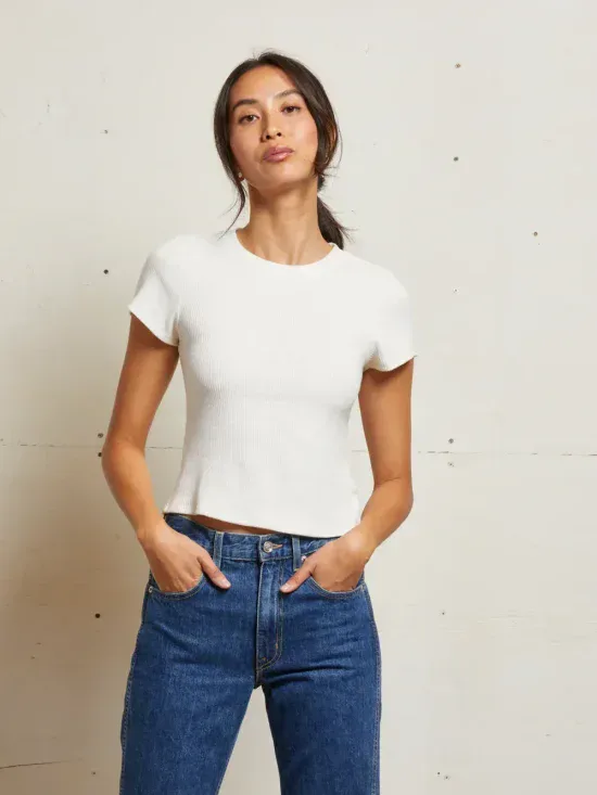 Perfect White Tee Gabby Sweater Rib Short Sleeve Top in Sugar