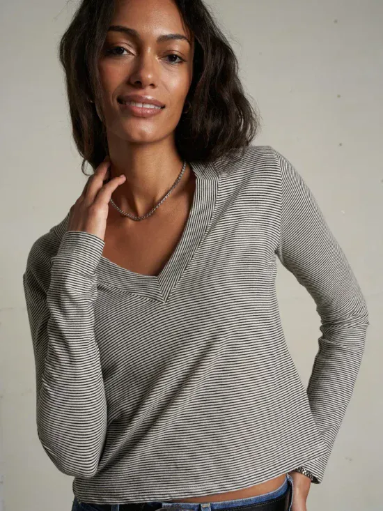 Perfect White Tee Fiona Stripe Recycled Cotton LS V Neck Tee