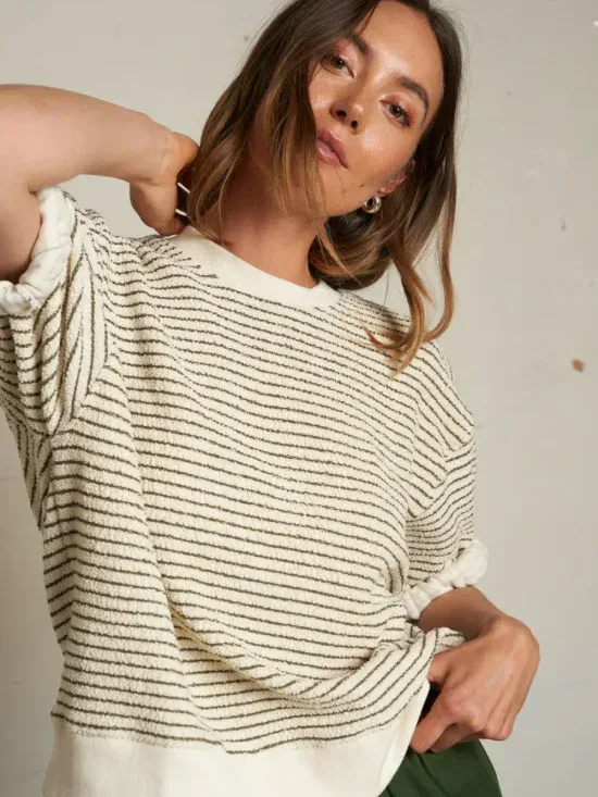 Perfect White Tee Rebecca Stripe Cotton Short Sleeve Sweatshirt in Green