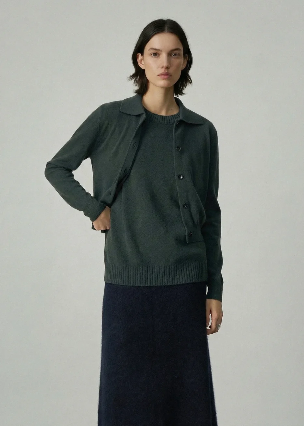 Aleger Cashmere Blend Collared Cardi Kale