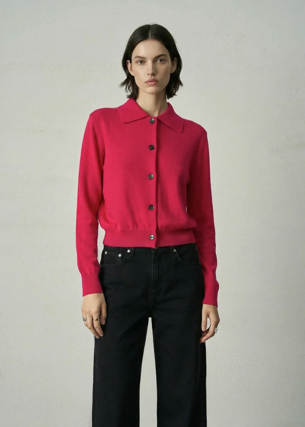 Aleger Cashmere Blend Collared Cardi Fushia