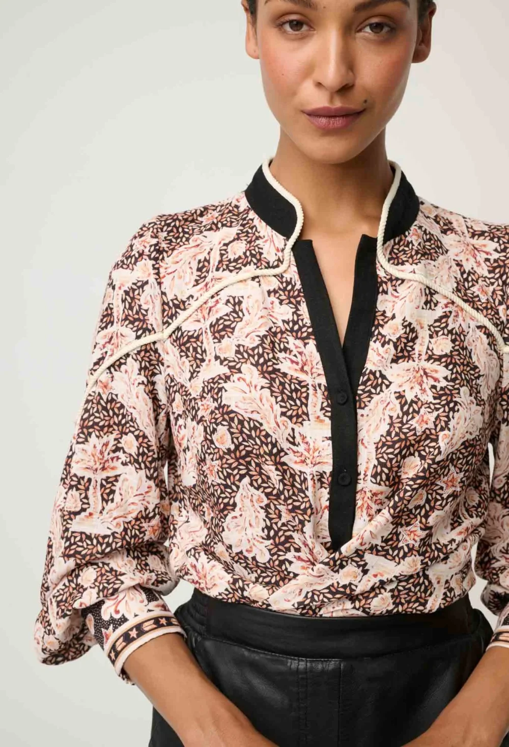 Once Was Harley Linen Viscose Rope Trim Shirt in Russet Palm - Image 3