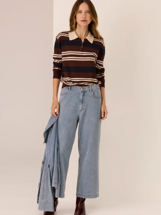 POL Clothing Parrel Knit Polo Jersey Chocolate Pebble Ink Stripe