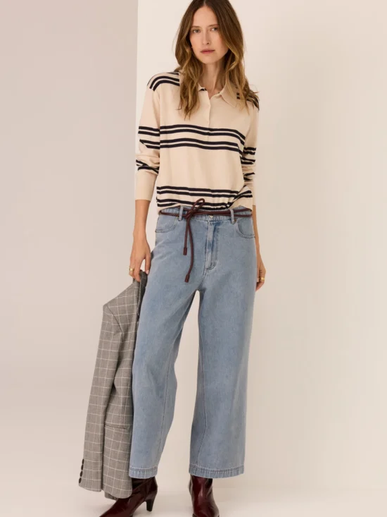 POL Clothing Parrel Knit Polo Jersey Pebble Ink Stripe