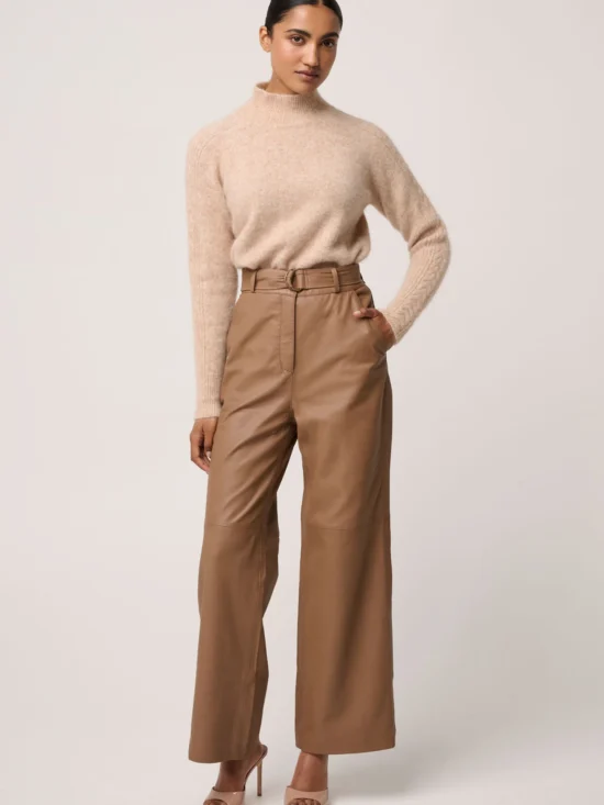 Once Was Halston Genuine Leather Belted Straight Leg Pant in Husk