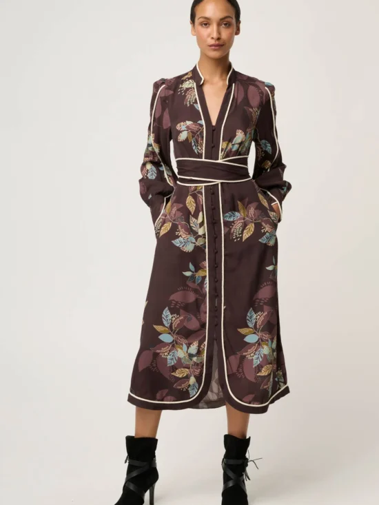 Once Was Camille Viscose Faile Curved Hem Dress in Ember Vines