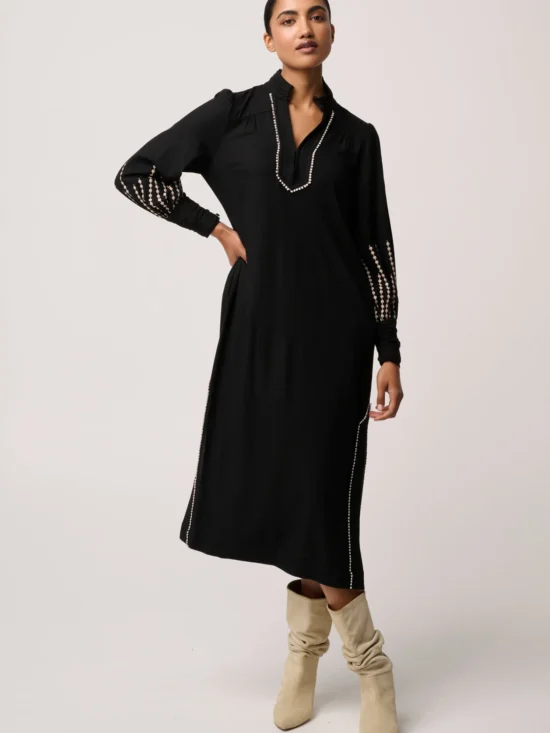 Once Was Edith Linen Viscose Embroidered Midi Dress in Black