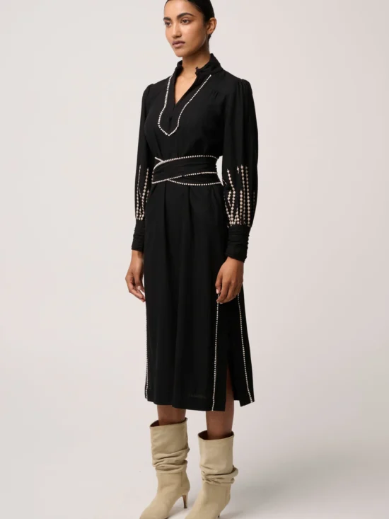 Edith Linen Viscose Embroidered Midi Dress in Black 4
