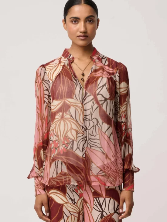 Once Was Freya Sheer Viscose Blouse with Embellished Neck Detail in Cathedral Botanic