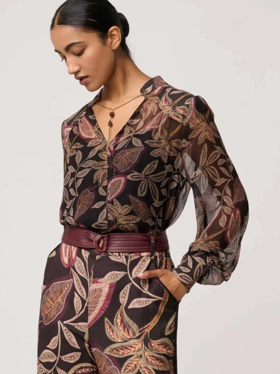 Once Was Freya Sheer Viscose Blouse with Embellished Neck Detail in Dark Tropique