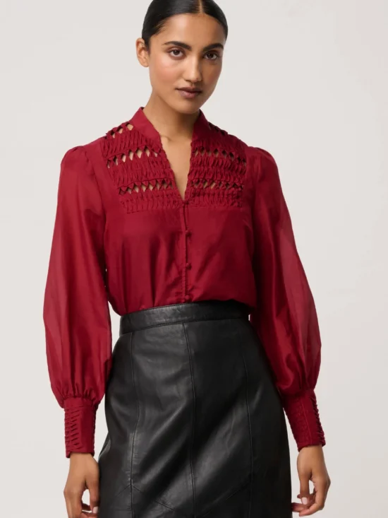 Once Was Gillian Cotton Silk Smocked Shirt in Ruby