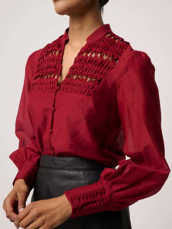 Gillian Cotton Silk Smocked Shirt in Ruby 7