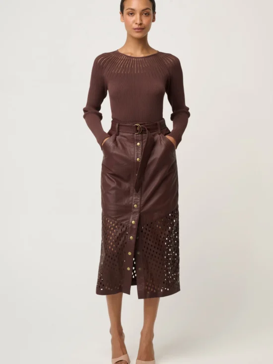 Once Was Hypnotic Leather Custom Laser Midi Skirt in Oxblood