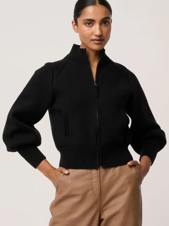 Once Was Jeanne Wool Blend Textured Knit Bomber Jacket in Black