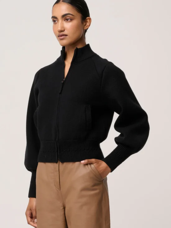 Jeanne Wool Blend Textured Knit Bomber Jacket in Black 5