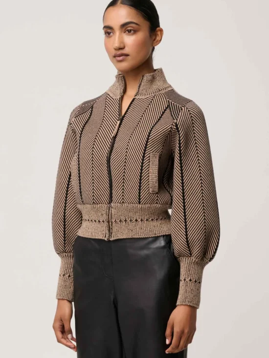 Once Was Jeanne Wool Blend Textured Knit Bomber Jacket in Tan Chevron