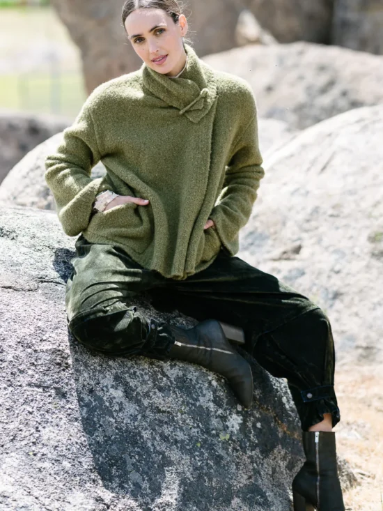 M.A. Dainty Trucker Velvet Trucker Pant in Moss