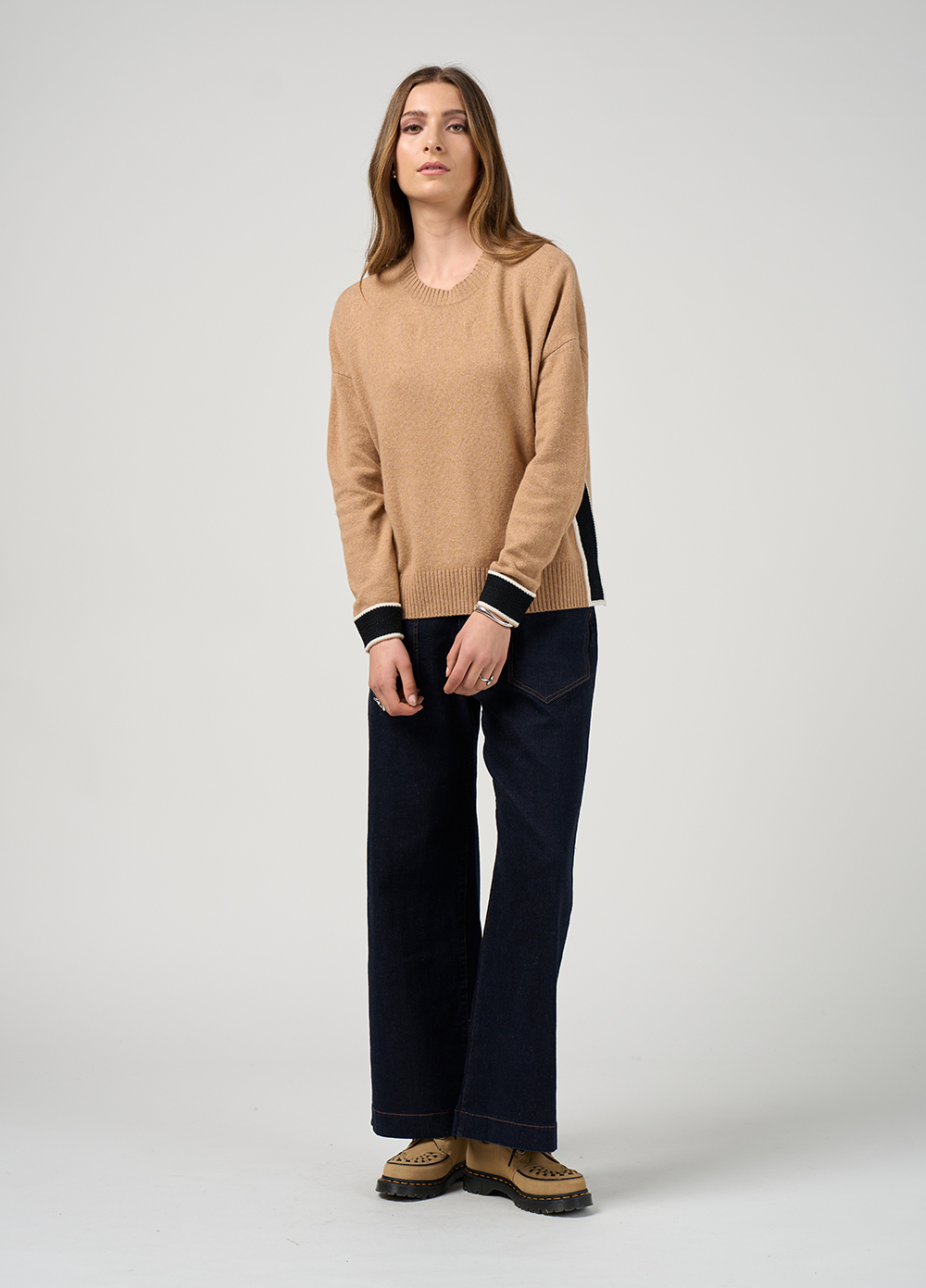 Madly Sweetly College Sweater in Camel Black Stripe - Image 3