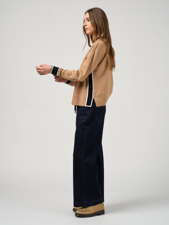 Madly Sweetly College Sweater in Camel Black Stripe