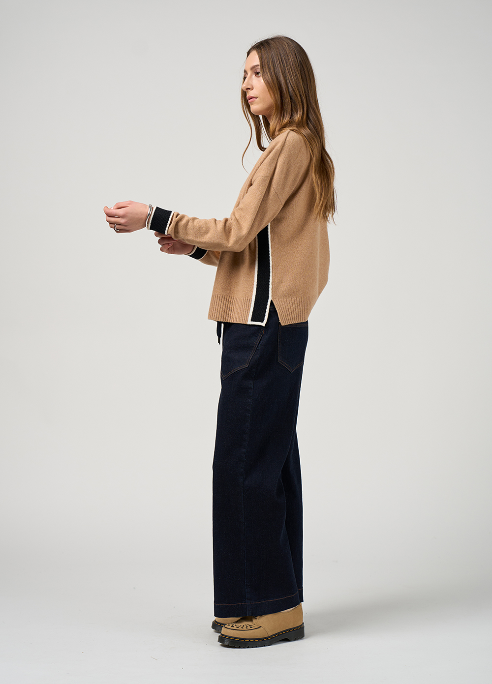 Madly Sweetly College Sweater in Camel Black Stripe