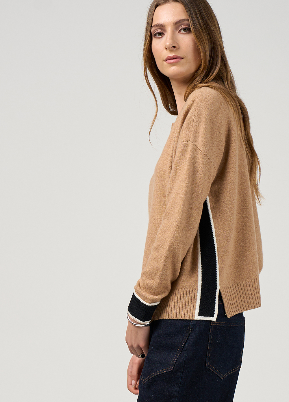 Madly Sweetly College Sweater in Camel Black Stripe - Image 2