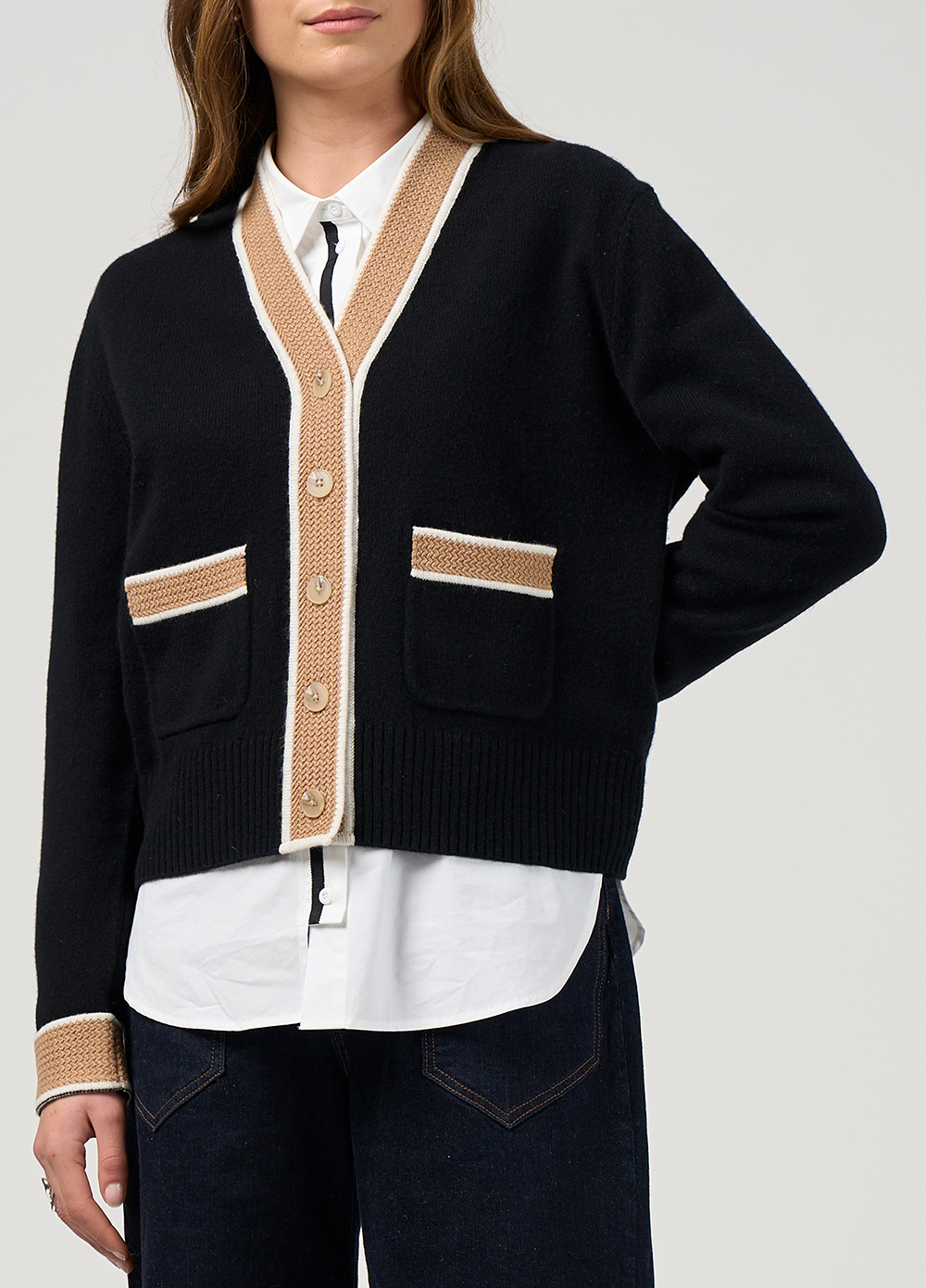 Madly Sweetly College Cardi in Black Camel Stripe - Image 2