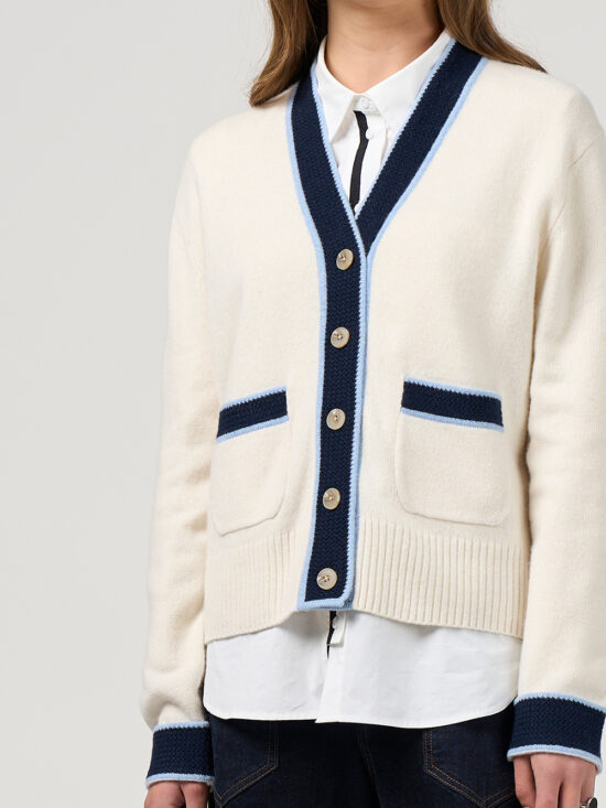 MSK2619 College Cardi Winter White Blue Stripe RRP 329 MS1828 Mixed Media Shirt White RRP 279
