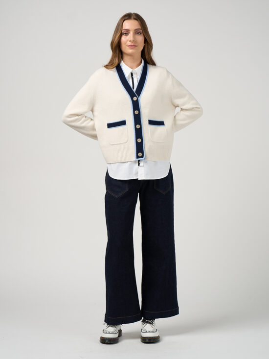 Madly Sweetly College Cardi in Winter White Blue Stripe