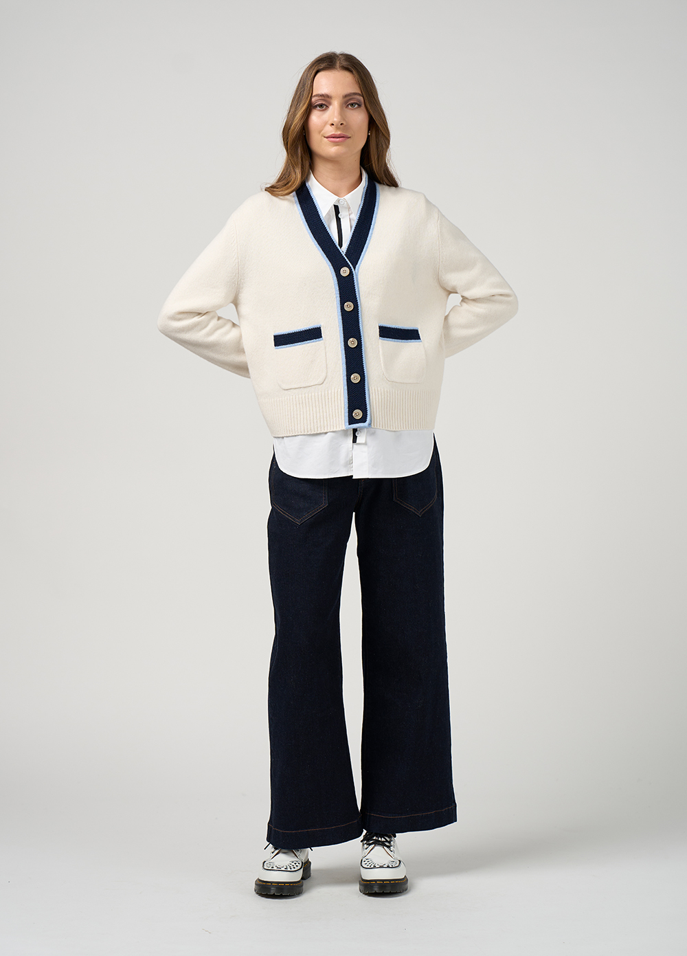 Madly Sweetly College Cardi in Winter White Blue Stripe