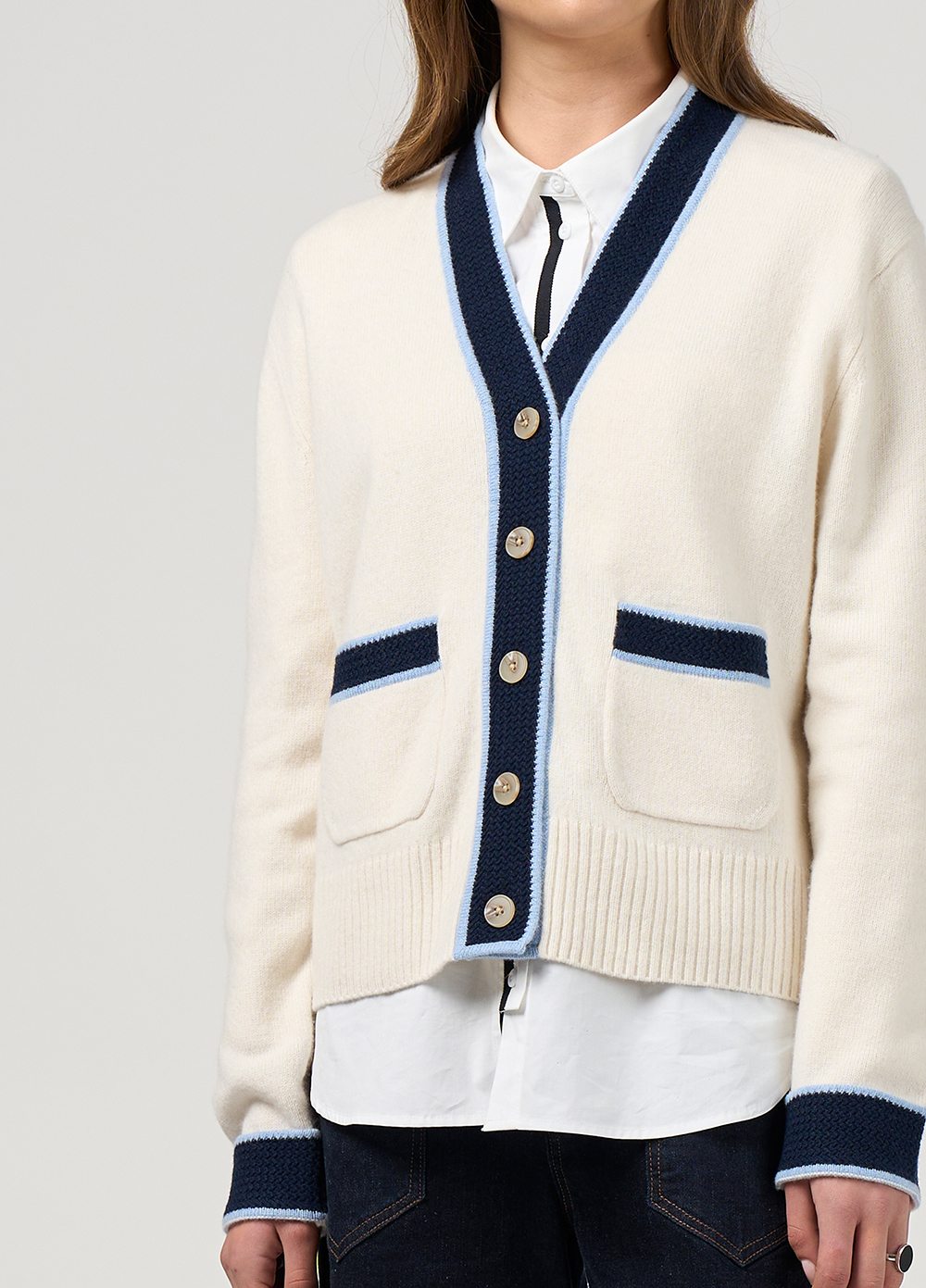 Madly Sweetly College Cardi in Winter White Blue Stripe - Image 2