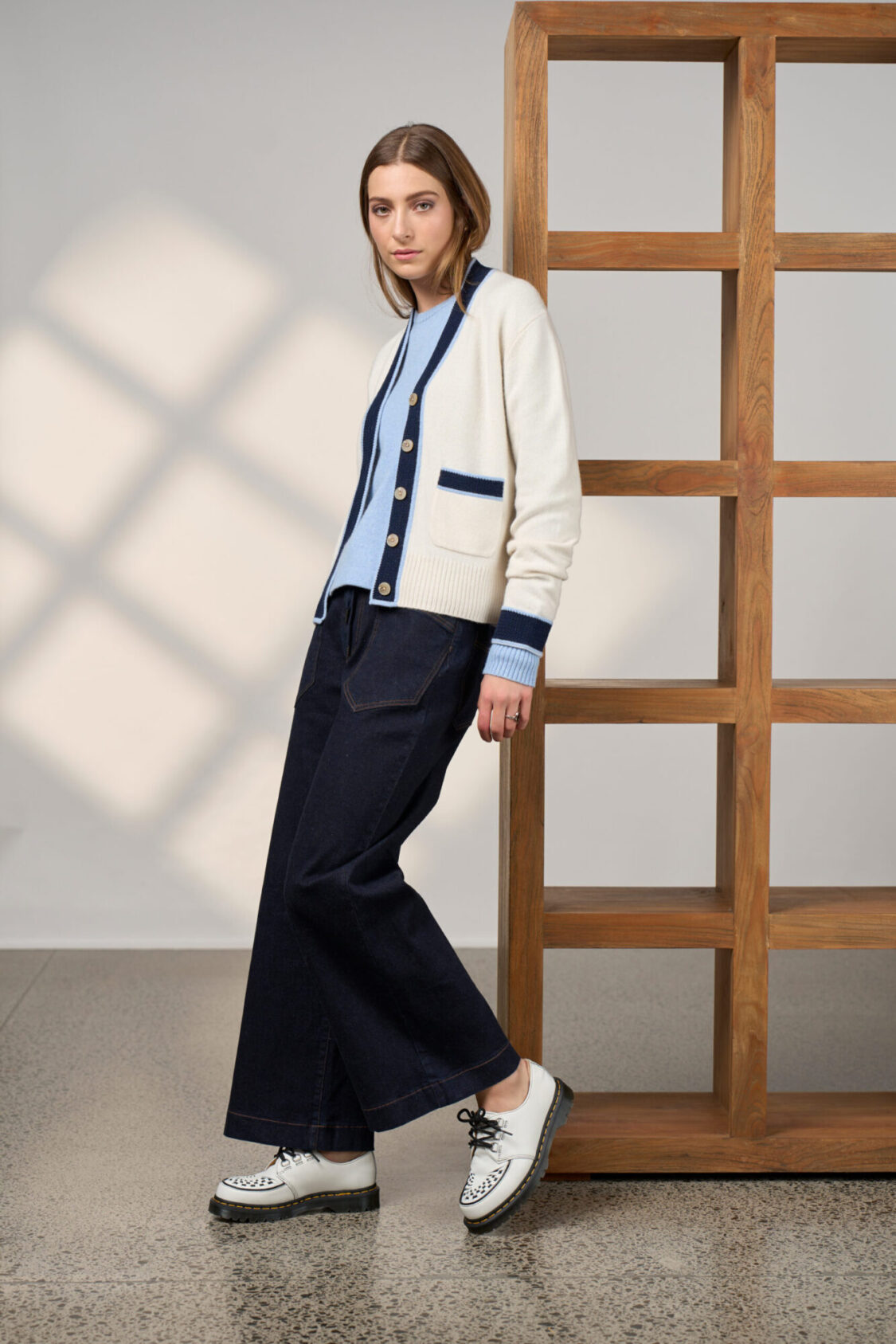 Madly Sweetly College Cardi in Winter White Blue Stripe - Image 3
