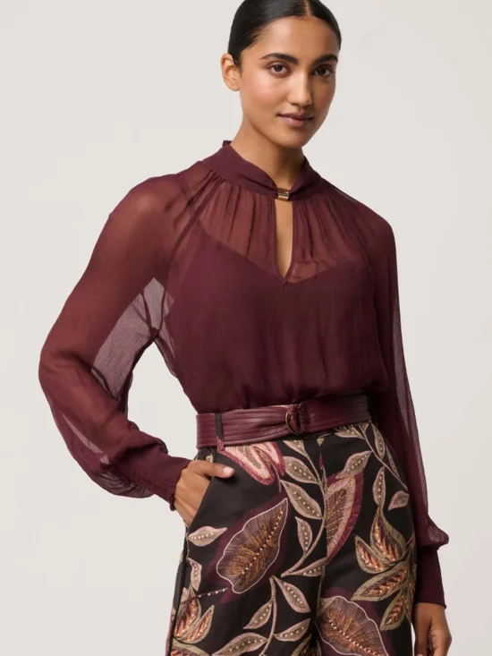 Once Was Simona Sheer Viscose Gold Detail Blouse in Bordeaux
