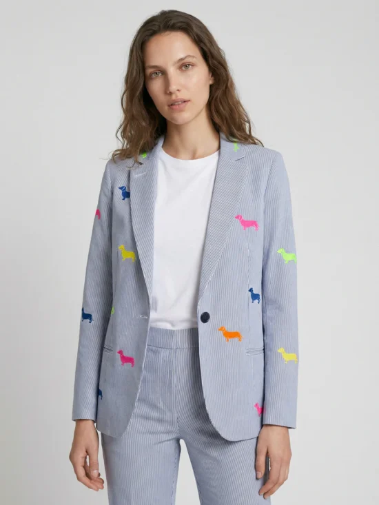 HANNAH BLUE GREY STRIPED BLAZER EMBROIDERED DOGS 2