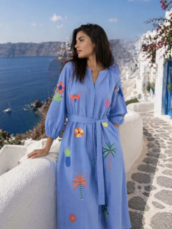 Vilagallo Claudette Blue Linen Embroidered Dress