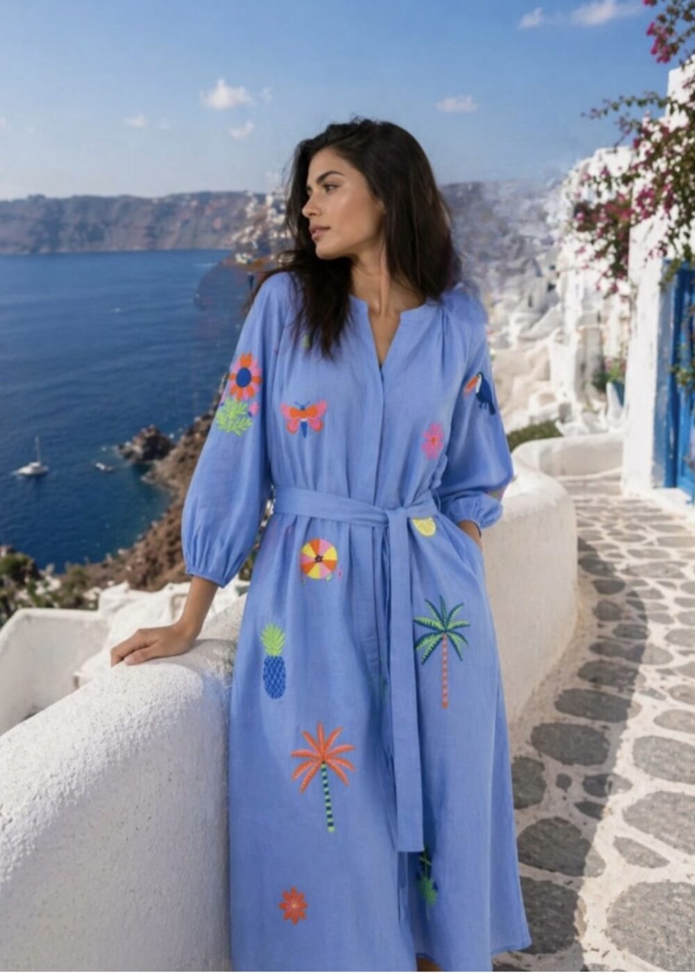 Vilagallo Claudette Blue Linen Embroidered Dress