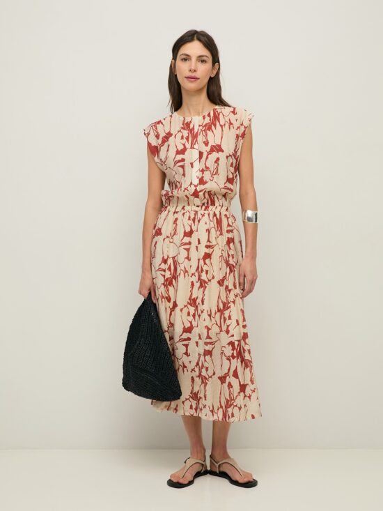 PRINTED FLORAL FLOWY VISCOSE DRESS DARK RED