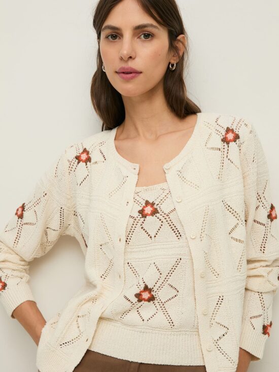 Yerse Pointelette Knit Top - Pointelette Cardigan with Floral Embroidery