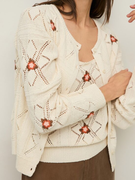 Yerse Pointelette Cardigan with Floral Embroidery