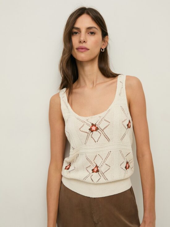 Yerse Pointelette Knit Top with Floral Embroidery