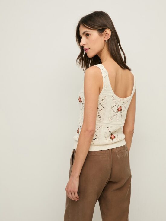Yerse Pointelette Knit Top with Floral Embroidery