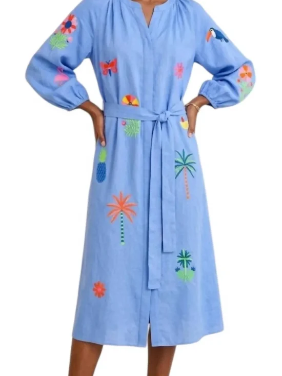 Claudette Dress Blue Linen Embroidered 1