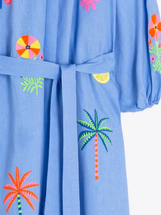Claudette Dress Blue Linen Embroidered 3
