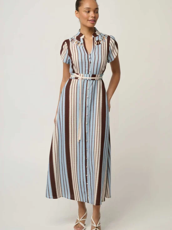 Cattleya Linen Viscose Smock Maxi Dress in Iridescent Stripe 2